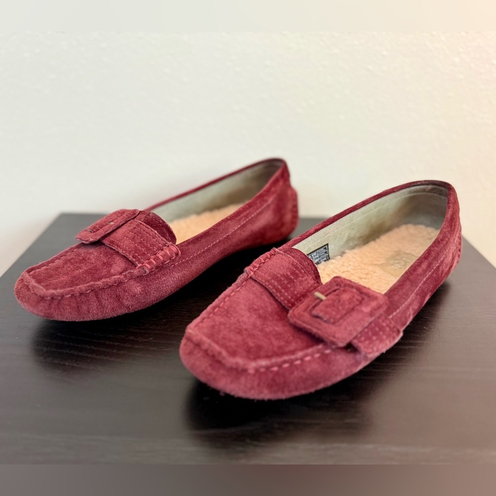 UGG Alloway Burgundy Suede Shearling Driving Moccasins Loafers Women 6